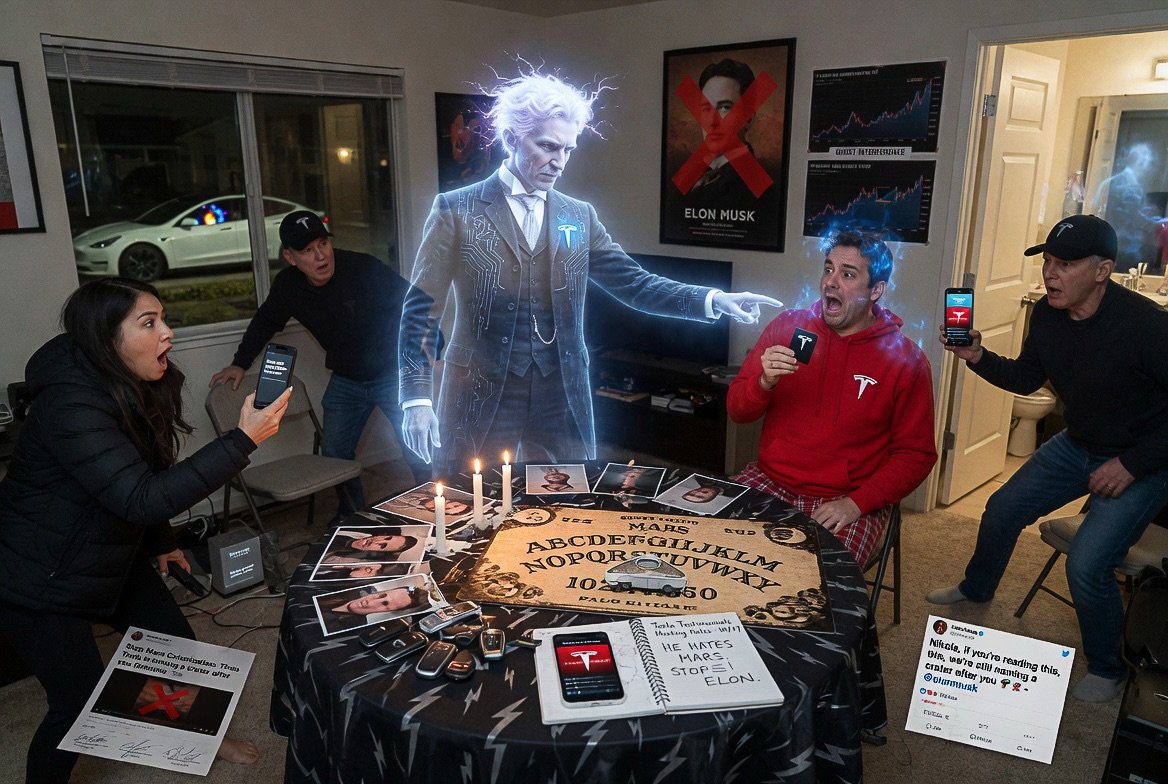 Tesla Owners’ Seance Goes Shockingly Wrong: Nikola Tesla’s Ghost Threatens to Short-Circuit Mars Mission